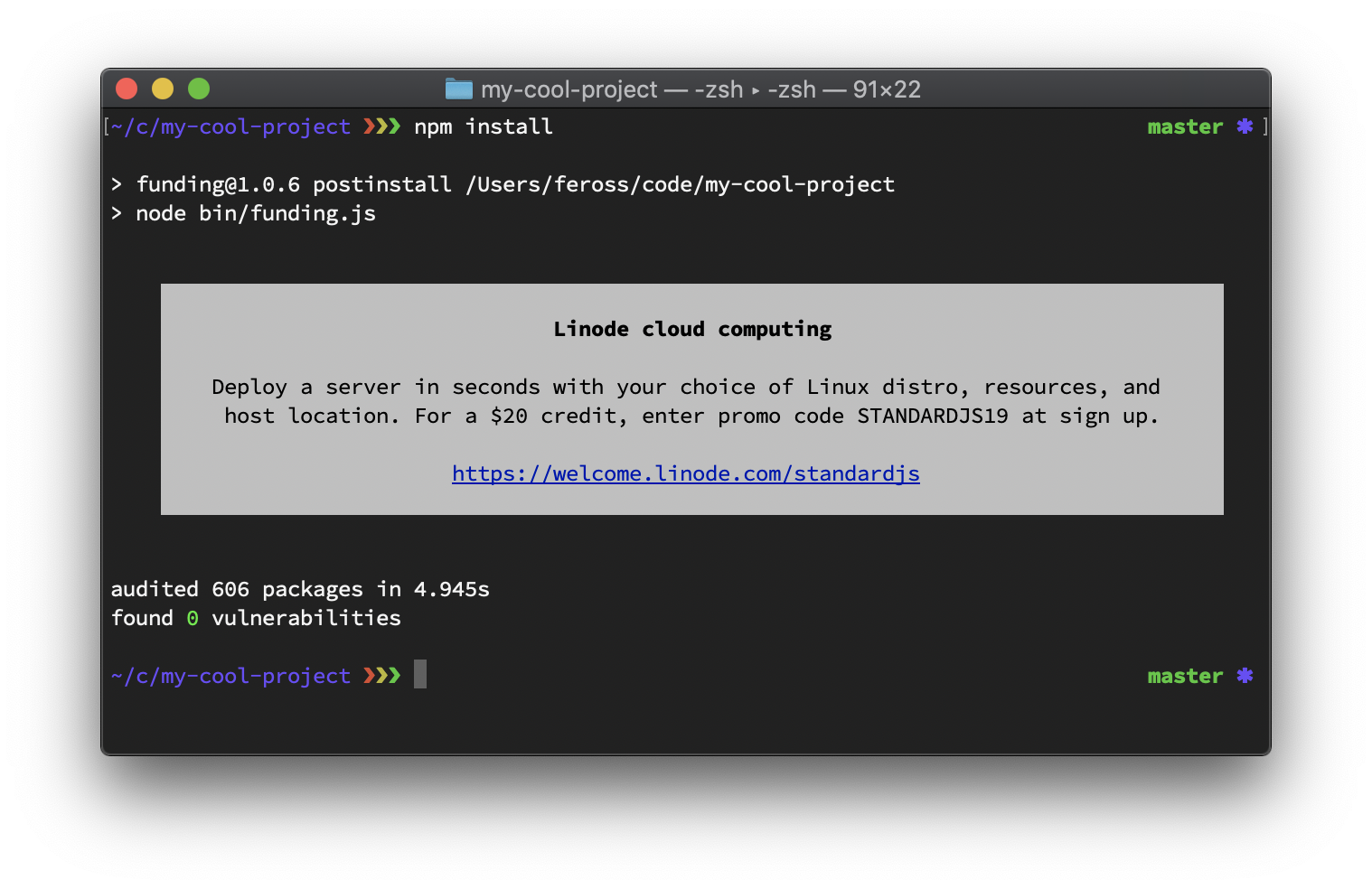 example of message displayed by the funding npm package