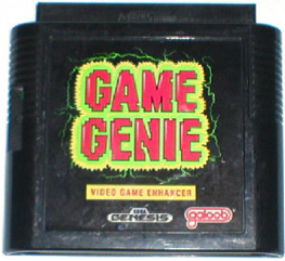Cheat devices such as this Game Genie cheat cartridge allow NES players to alter the state of the game world from what the game developers intended