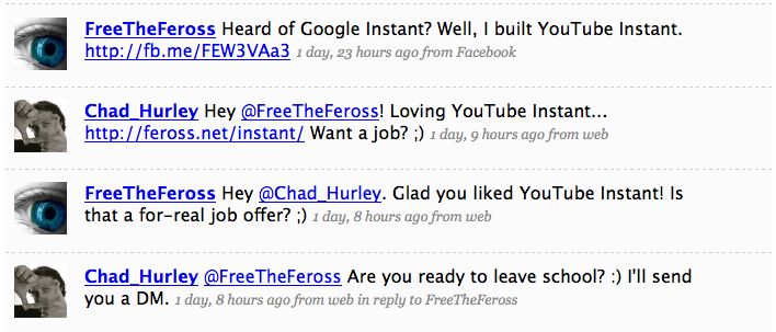 YouTube CEO Twitter Conversation about YouTube Instant